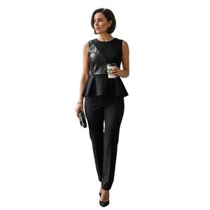 BCBGMAXAZRIA Womens Black Faux Leather Peplum Top Sleeveless Blouse Back Zipper